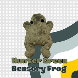 Op de afbeelding: Een huntergroene sensorische kikkerknuffel met grote zwarte ogen en getextureerde details. Het speelgoed heeft een afgerond lichaam, kleine armen en korte poten. De tekst "Hunter Green Sensory Frog" staat eronder.