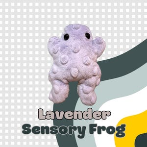 May include: A lavender-colored plush frog with black eyes and textured spots. The frog has a soft, fuzzy appearance and is designed with rounded features. The text "Lavender Sensory Frog" is displayed below the frog.