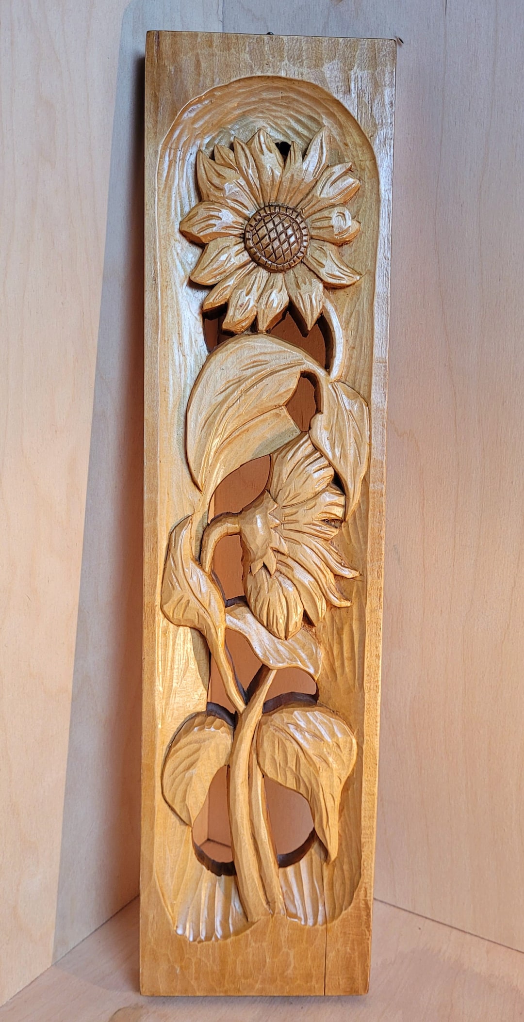 Vintage Wood Carving Art Piece Sun Flower Wooden Panel Etsy