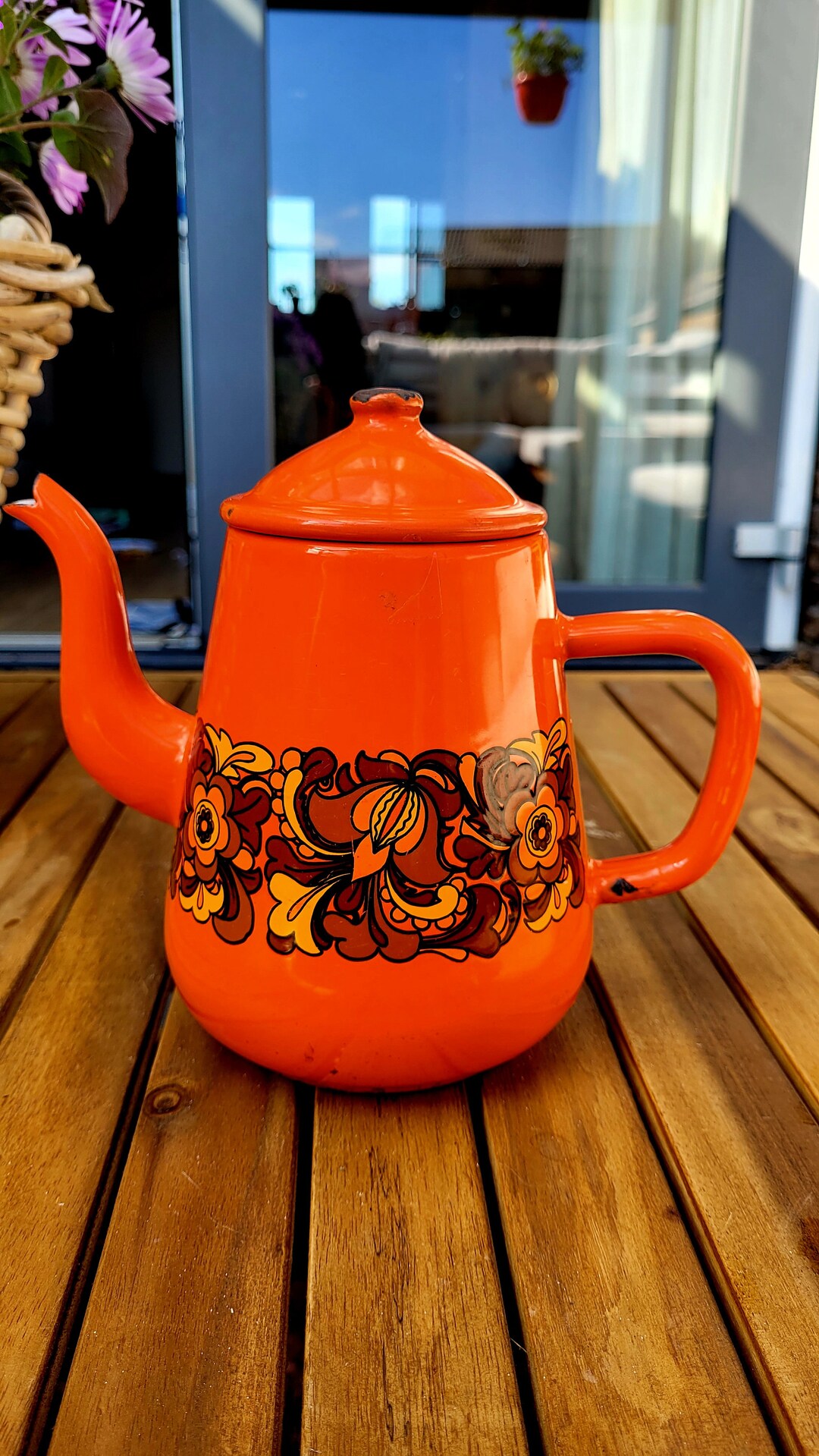 Dutch Vintage Orange Enamel Tea Pot 1960s Flower Dessin Brabantia Etsy