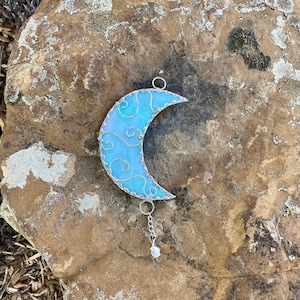 Light Blue and White Iridescent Stained Glass Crescent Moon Suncatcher, Ornament, Whimsical Car Mirror Charm, with Crystal Flower Orb Charm