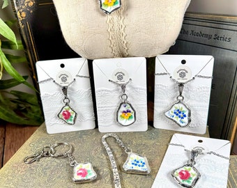 Vintage Floral Broken China Pendant Necklace, Bookmark, or Keychain - Unique One-of a Kind Jewelry Gift