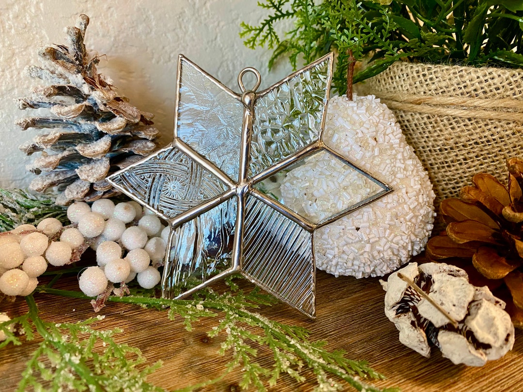Stained Glass Snowflake Ornament, Suncatcher, Mirror Dangleclear