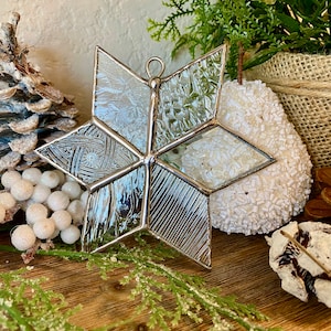 Stained Glass Snowflake Ornament, Suncatcher, Mirror Dangle-Clear Textured-Timeless and Traditional Handcrafted Heirloom and Unique Gift