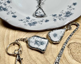 Broken China Vintage Pottery Necklace, Bookmark, or Keychain - Blue Garland Bavaria by Johann Haviland