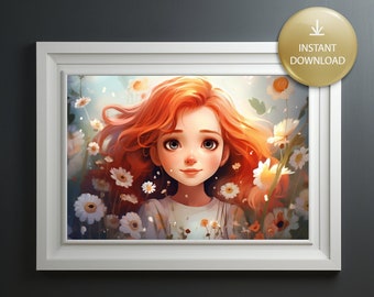 Smiling Girl With Red Hair Portrait, Pretty Cartoon Girl, Ready To Print, Digital Painting, Print On Demand, Wall Art, Instant Download