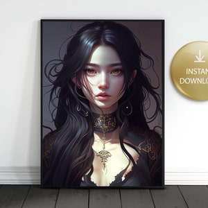Black Hair Anime Girl, Japanese Woman, Ai Wall Art, Printable Home Decor, Instant Download, Print On Demand, Small Business Use License