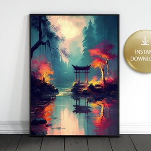Japanese Landscape, AI Watercolor Art, Digital Wall Art, Printable Home Decor, Instant Download, Print On Demand, Small Business Use License