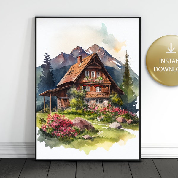 Bavarian House Digital Watercolor, Printable Wall Art, AI Art Alps Poster, Instant Download, Print On Demand, Small Business Use License