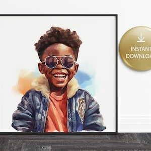 Black Boy With Sunglasses Watercolor Clipart, Digital Print, Laughing Child, Printable Wall Art, Print On Demand, Instant Download