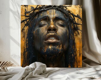 Sacred Black Jesus PNG File, Jesus With Crown Of Thornes, Black And Gold Digital Prints, Religious Illustration, Gift For Christians