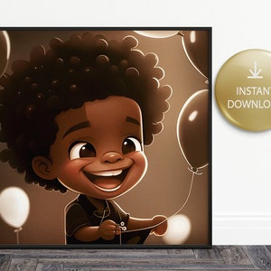 Cute Happy Black Boy Holding Balloons, Kids Room Wall Art, Ai Generated, Instant Download, Print On Demand, Small Business Use License