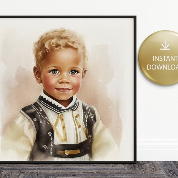 Little Boy With Bavarian Tracht Clothes On, Oktoberfest Watercolor, Printable Ai Wall Art, Print On Demand, Small Business Use License