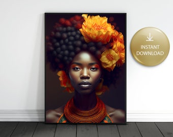 Black Woman With Afro, Print On Demand, African Woman With Flowers Clipart, Wall Art, Instant Download, Small Business Use License