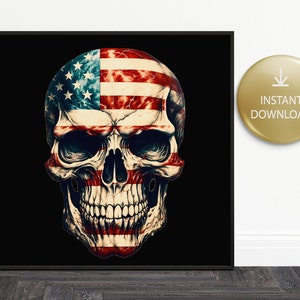 Diseño de camiseta con calavera de bandera estadounidense, diseño de sublimación patriótica, POD de barras y estrellas, licencia comercial, descarga digital