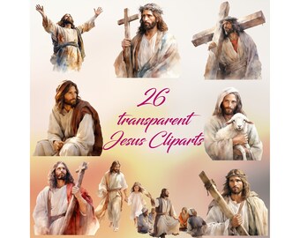 May include: A collection of 26 watercolor illustrations of Jesus Christ in various poses, including holding a cross, carrying a lamb, and teaching. The illustrations are on a white background with the text "26 transparent Jesus Cliparts" in pink.