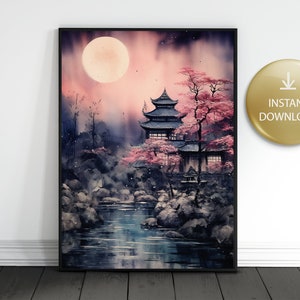 Japanese Landscape Wall Art, Digital Print, Printable Poster, Asian Art, Pagoda With Cherry Trees, Print On Demand, Instant Download