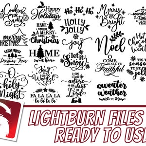 以下が含まれることがあります： Lightburn ソフトウェアで使用できる、16 個の白黒のクリスマスをテーマにした SVG ファイルのコレクションです。デザインには、「サンタへのクッキー」、「ハッピーホリデー」、「ホホホ」、「メリー＆ブライト」、「ノエル」、「雪降らせろ」、「聖なる夜」、「世界への喜び」、「忠実なあなた全員来てください」、「陽気である季節です」、「セーターの天気」、「ホットチョコレートの天気」などのフレーズが含まれています。