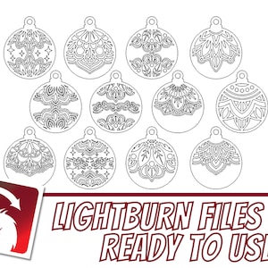 Może przedstawiać: Dwunastu czarno-białych wzorów ozdób do cięcia laserowego. Wzory charakteryzują się skomplikowanymi wzorami i są gotowe do użycia z oprogramowaniem Lightburn.