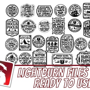May include: A collection of 20 black and white Halloween-themed SVG files for use with a laser cutter. The designs include phrases like "Hocus Pocus", "Witch's Brew", "Black Flame", and "Haunted House".