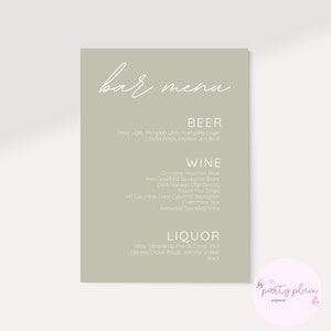 Sage Wedding Bar Menu, Downloadable Template