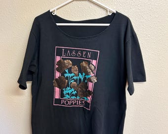 Vintage 1988 Lassen Poppies T-Shirt Black Floral Graphic Tee Single Stitch Boat Neck XL Women’s Gold Nature Shirt