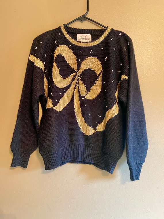 Sparkly 80s Vintage Gold Bow Beaded Black Sweater