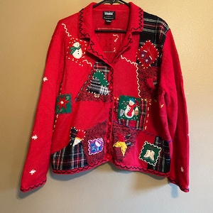 90’s Christmas Sweater | Embellished Red Button Up Knit Holiday Party Sweater