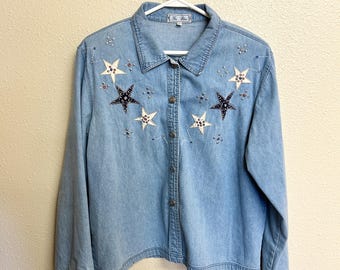 90’s America 4th of July Vintage Embellished Denim Shirt | Size XL
