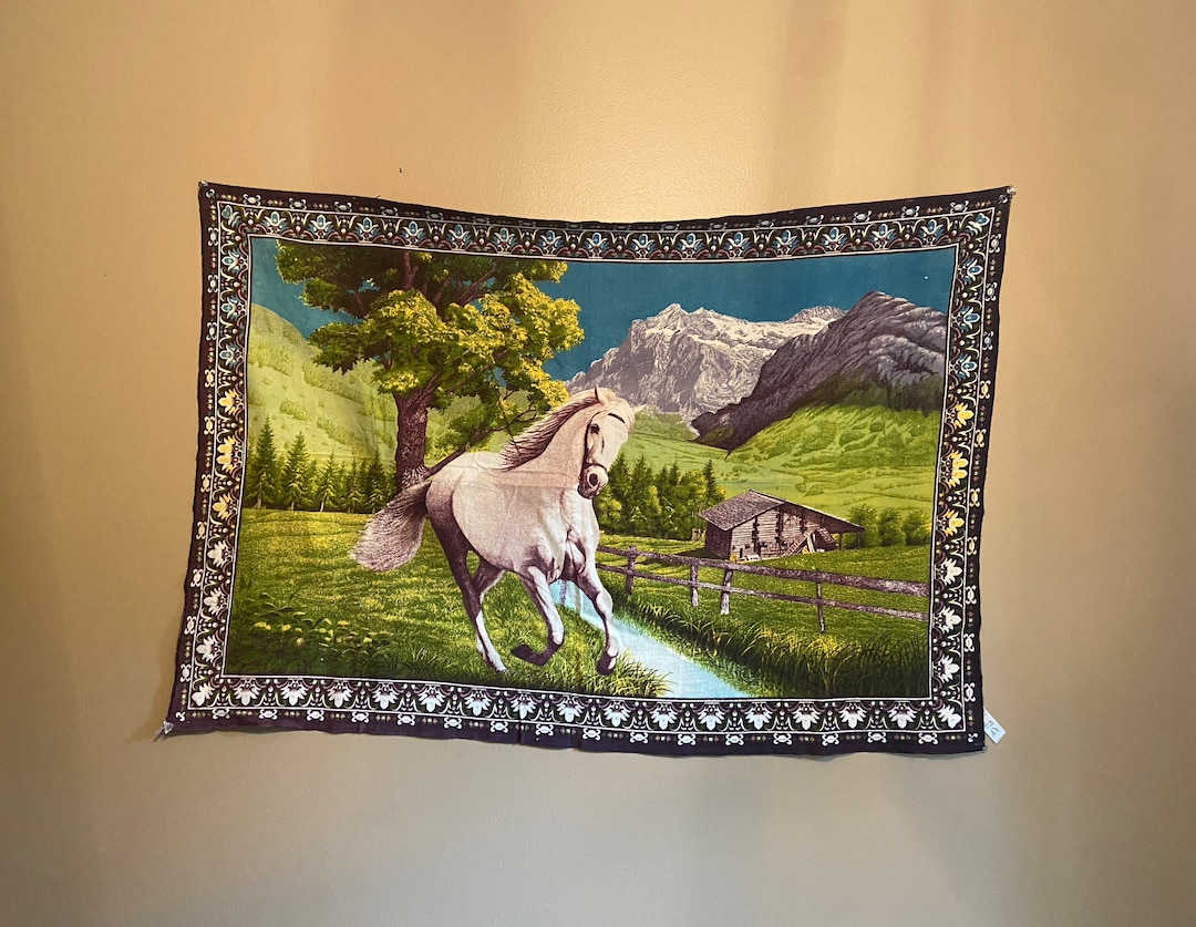 Vintage Large Horse Wall Hanging Tapestry 55 X 37 Made in Turkey Cloth Horse and Barn Decor