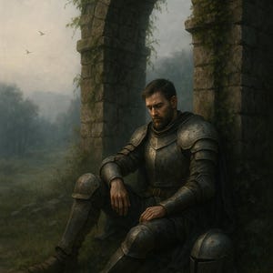 Peut inclure: Un chevalier en armure complète est assis sous une arche en pierre couverte de vigne, l'air abattu. Son casque est posé à côté de lui. La scène se déroule dans un environnement extérieur brumeux, évoquant la solitude.