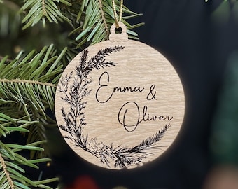 Christmas bauble with couple names, personalized winter ornament for husband and wife, perfect gift for newly married