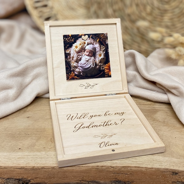 Will you be my Godmother? Personalized Godmother proposal gift box with photo, baptism wooden keepsake box