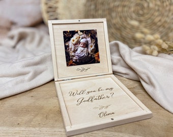 Will you be my Godfather? Personalized Godfather proposal gift box with photo, baptism wooden keepsake box