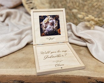 Will you be my Godmother? Personalized Godmother proposal gift box with photo, baptism wooden keepsake box