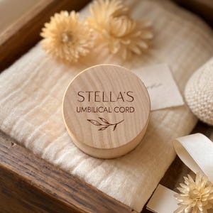 Umbilical cord box, personalized wooden keepsake box with name, engraved baby milestone, tiny round newborn keepsake