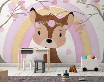 Rosa Regenbogen Deer Tapete Wandbild Peel and Stick Tapete, abnehmbare Tapete, mieterfreundlich, sicher für Baby, Akzentwand, Kinderzimmer,
