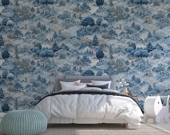 Mural de paisaje natural en azul claro/gris, autoadhesivo, papel tapiz removible, apto para inquilinos, seguro para bebés, paredes decorativas, habitaciones infantiles, para niños