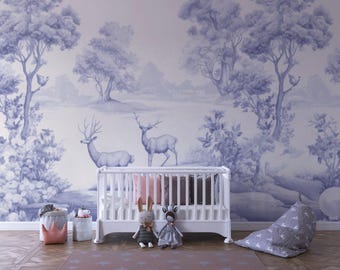 Mural de escena de bosque de vida salvaje serena azul, despegable y adherible, papel tapiz removible, apto para inquilinos, seguro para bebés, pared decorativa, habitación de bebé, para niños