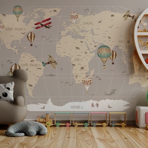 Kinder Weltkarte beige Tapete Wandbild Peel and Stick Tapete, abnehmbare Tapete, mieterfreundlich, sicher für Baby, Akzentwand, Kinderzimmer,