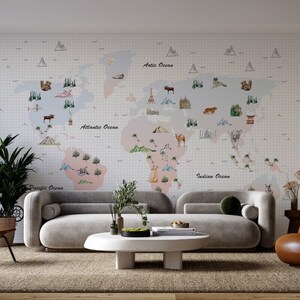Papel pintado del mapa del mundo de los niños Papel pintado mural Peel and Stick, papel pintado extraíble, apto para inquilinos, seguro para el bebé, pared decorativa, cuarto de niños,