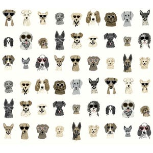May include: A repeating pattern of illustrated dogs, each with unique features and accessories. Many dogs wear sunglasses, some have bandanas, and others sport heart-shaped glasses. The dogs are in various colors, including brown, black, and white, against a white background.