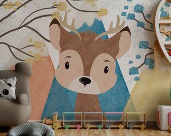 Fondo de pantalla de Blue Mountain Deer Mural Peel and Stick wallpaper, papel tapiz extraíble, apto para inquilinos, seguro para el bebé, pared decorativa, cuarto de niños,