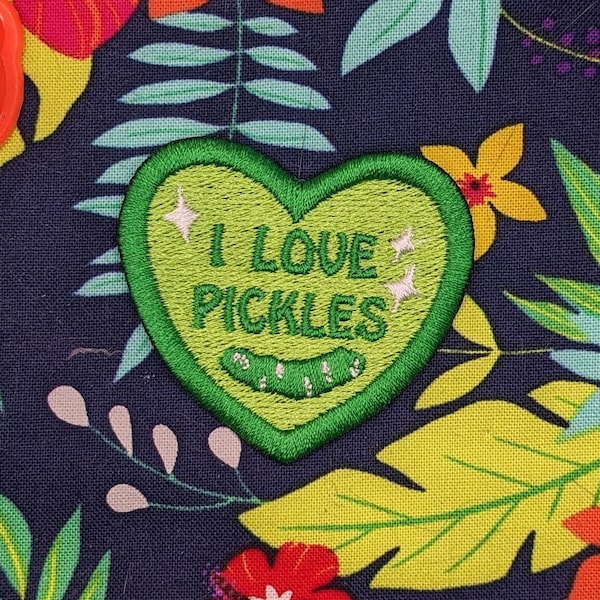 I Love Pickles Machine Embroidered Patch, Pickled Vegetable Food Fun, Iron On, Sew On Patch for Clothes, Backpacks, Hats, Bags, Jackets