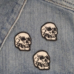 Skull machine embroidered patches  Set of three tiny human skull patches to sew onto hats, bags, and clothing