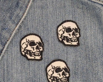 Skull machine embroidered patches  Set of three tiny human skull patches to sew onto hats, bags, and clothing