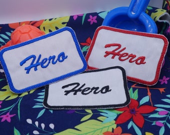 Hero Name Tag Machine Embroidered Patch, Sew On Embroidery Accessory for Clothes, Backpacks, Hats, Bags