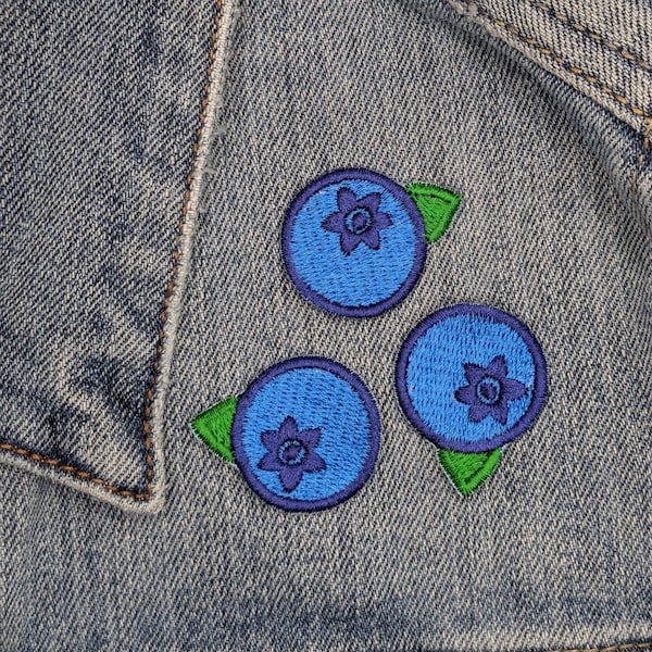 Blueberry patches, set of three.  Cute and tiny machine embroidered patches for clothing, bags, backpacks, hats and jackets.