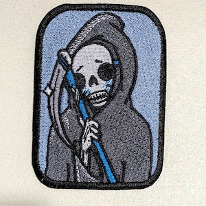 Shy Grim Reaper, Spooky, Death Scythe, Machine Embroidered Patch Sew On Patch Accessory for Clothes, Backpacks, Hats, Bags, Jacket
