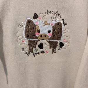 Chocolate Milk Embroidered Pullover Hoodie, Heavy Cotton/Polyester Blend, Front Chest Embroidery, kawaii gift for chocolate lovers